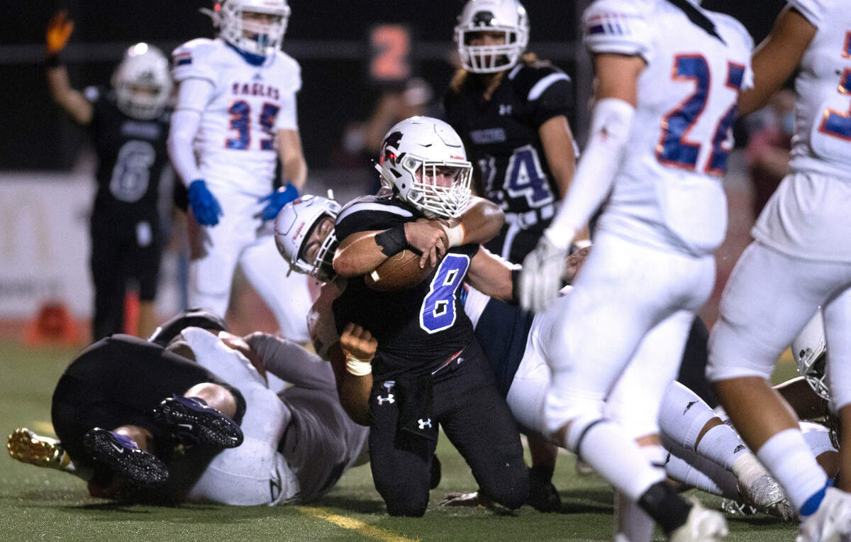 Sumner running back Eric Buck powers into the end zone for a one-yard touchdown run during Saturday night’s 4A SPSL high school football game at Sunset Chev Stadium in Sumner, Washington, on Oct. 16, 2021.