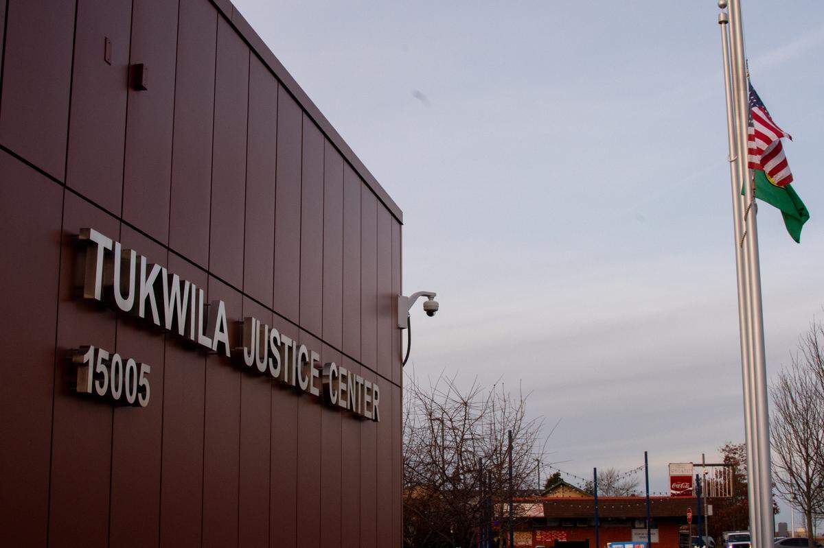 The outside of the Tukwila Justice Center, where the city’s municipal court and police department is housed.