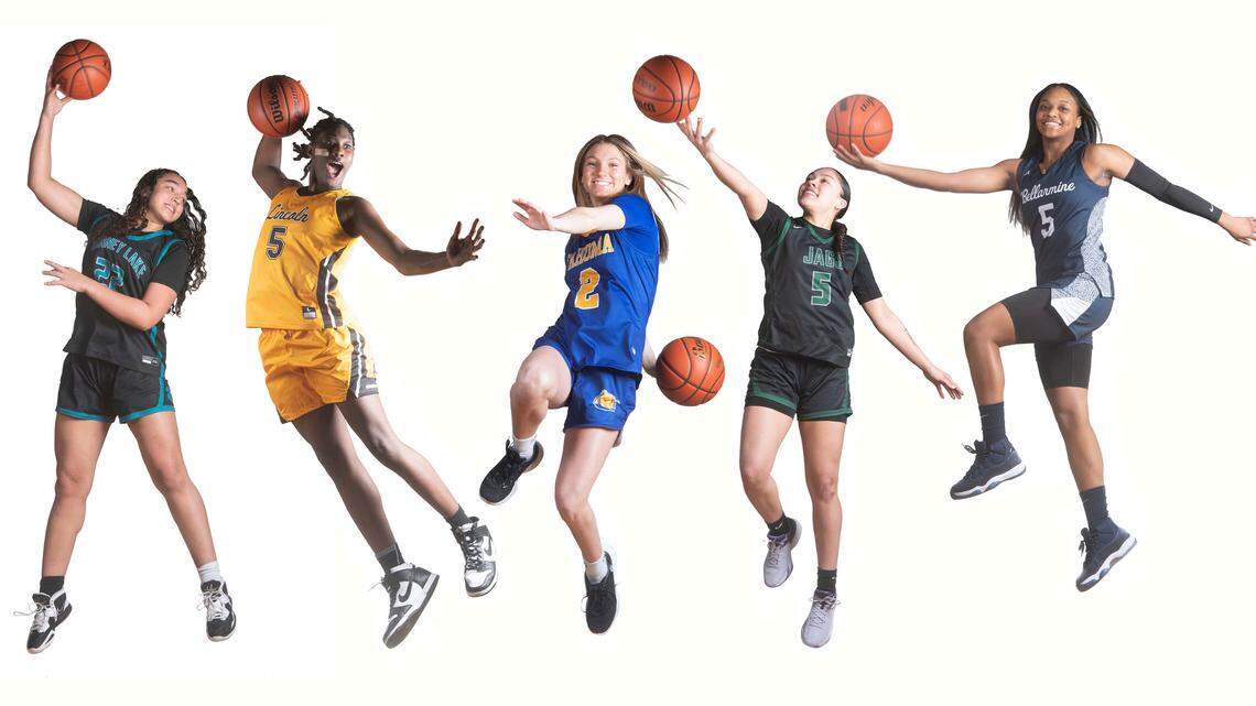 Bonney Lake’s Jazmyn Shipp, Lincoln’s Oliviyah Edwards, Tahoma’s Hope Hassmann, Emerald Ridge’s Monique Carter and Bellarmine’s Kiara Stone are The News Tribune’s All-Area Girls Basketball Team, photographed for this photo composite at Curtis High School in University Place, Washington, on Saturday, March 11, 2023.