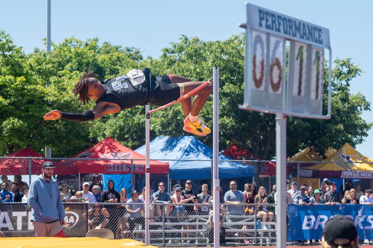 Federal Way’s Geron White jumps a mark of 6-11.25, winning the 3A boys high jump during the 2025 WIAA Track & Field Championships, on Friday, May 30, 2025, at Mount Tahoma High School in Tacoma, Wash.