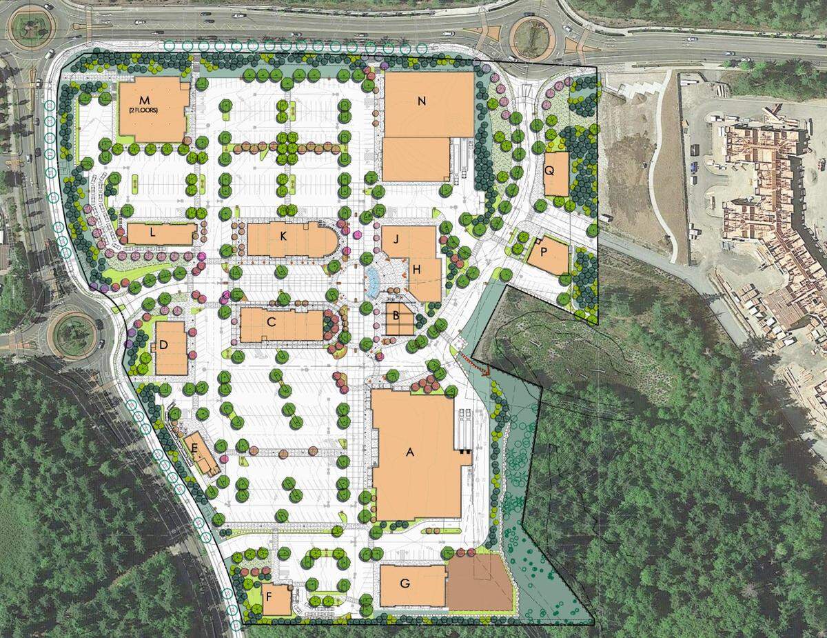 Overview of site plan from 2018 at Village at Harbor Hill in Gig Harbor. The site could see revisions including a multifamily portion.