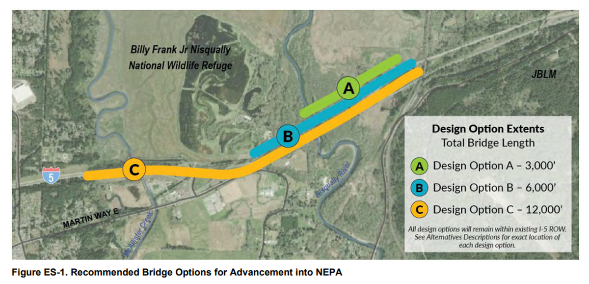 A map shows several design options proposed for replacing Interstate 5 bridges near the Nisqually River delta.