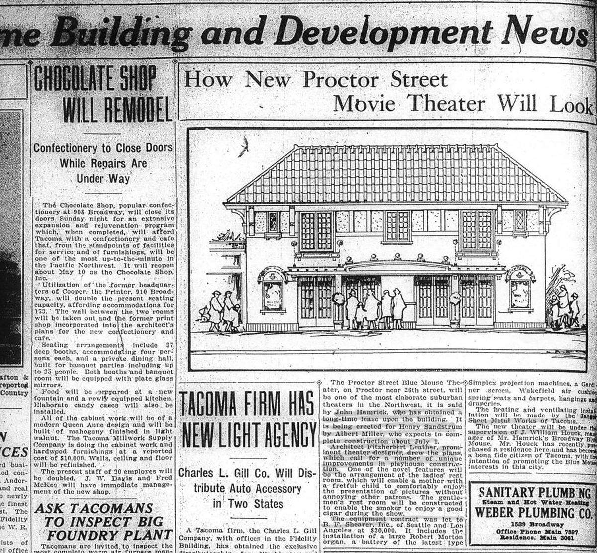 A Tacoma newspaper story about the coming Blue Mouse Theatre in 1923.