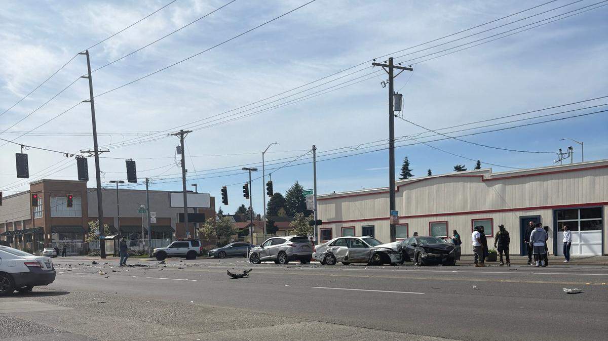 A two-car wreck at South 56th Street and Pacific Avenue at about 12:27 p.m. in Tacoma left debris in the roadway on Saturday, April 5, 2025.