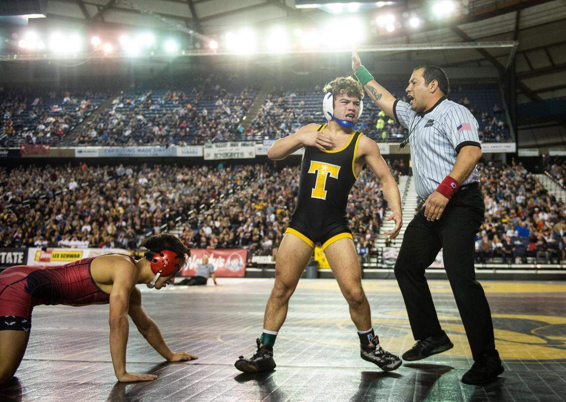 Tahoma’s Yusief Lillie celebrates winning the 4A 120lb championship during day two of Mat Classic XXXII at the Tacoma Dome in Tacoma, Wash., on Saturday, Feb. 22, 2020.