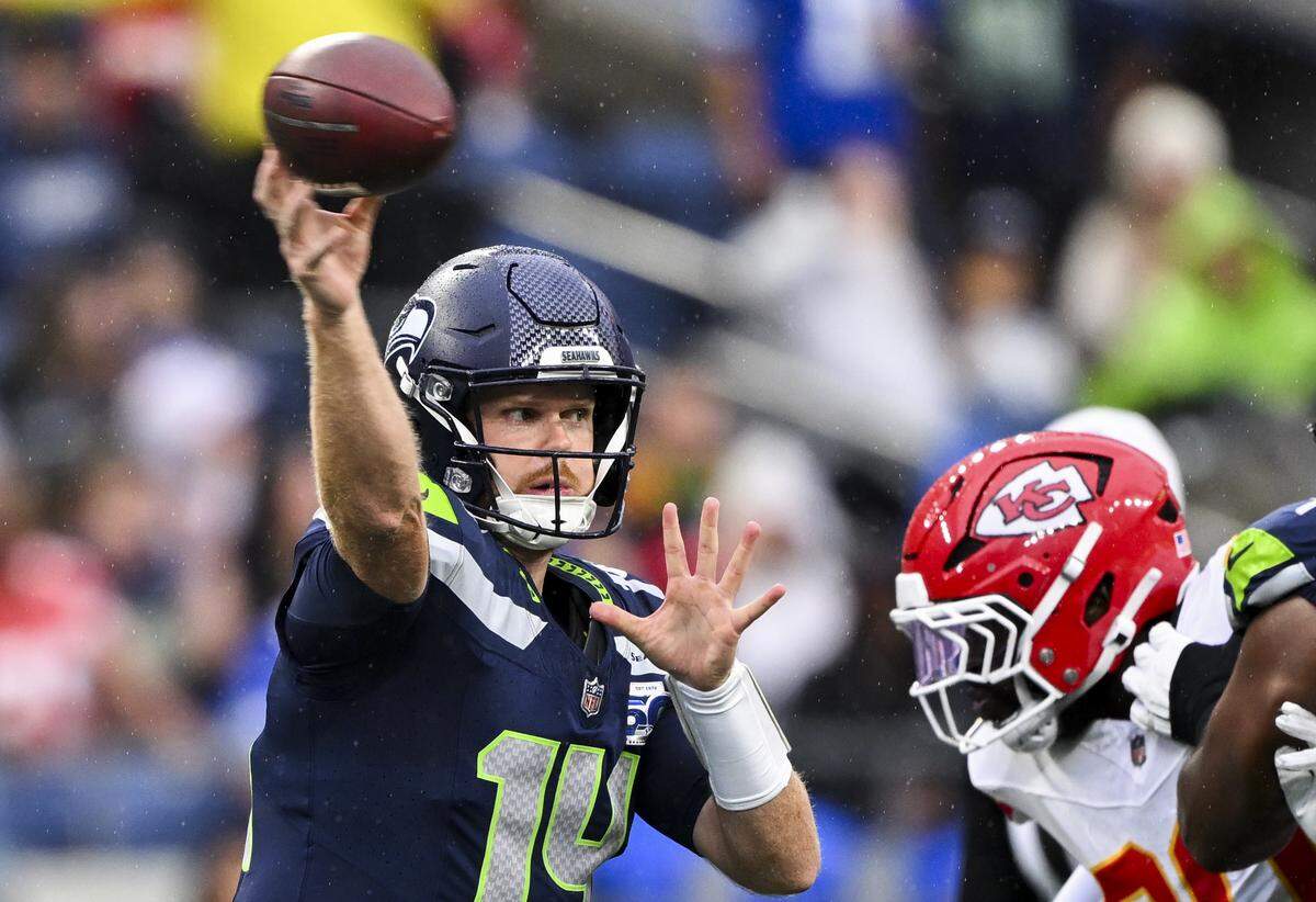 Seattle Seahawks quarterback Sam Darnold (14) throws the ball during the first quarter of the preseason game against the Kansas City Chiefs at Lumen Field, on Friday, Aug. 15, 2025, in Seattle.