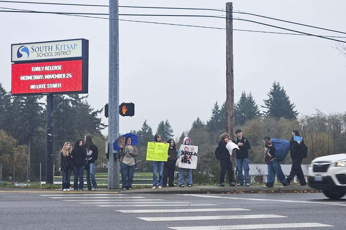 A large group of South Kitsap High School students walked out of class Tuesday, Nov. 25, 2025 in Port Orchard, Wash. to protest how the school responded to a serious injury incident on Nov. 20.
