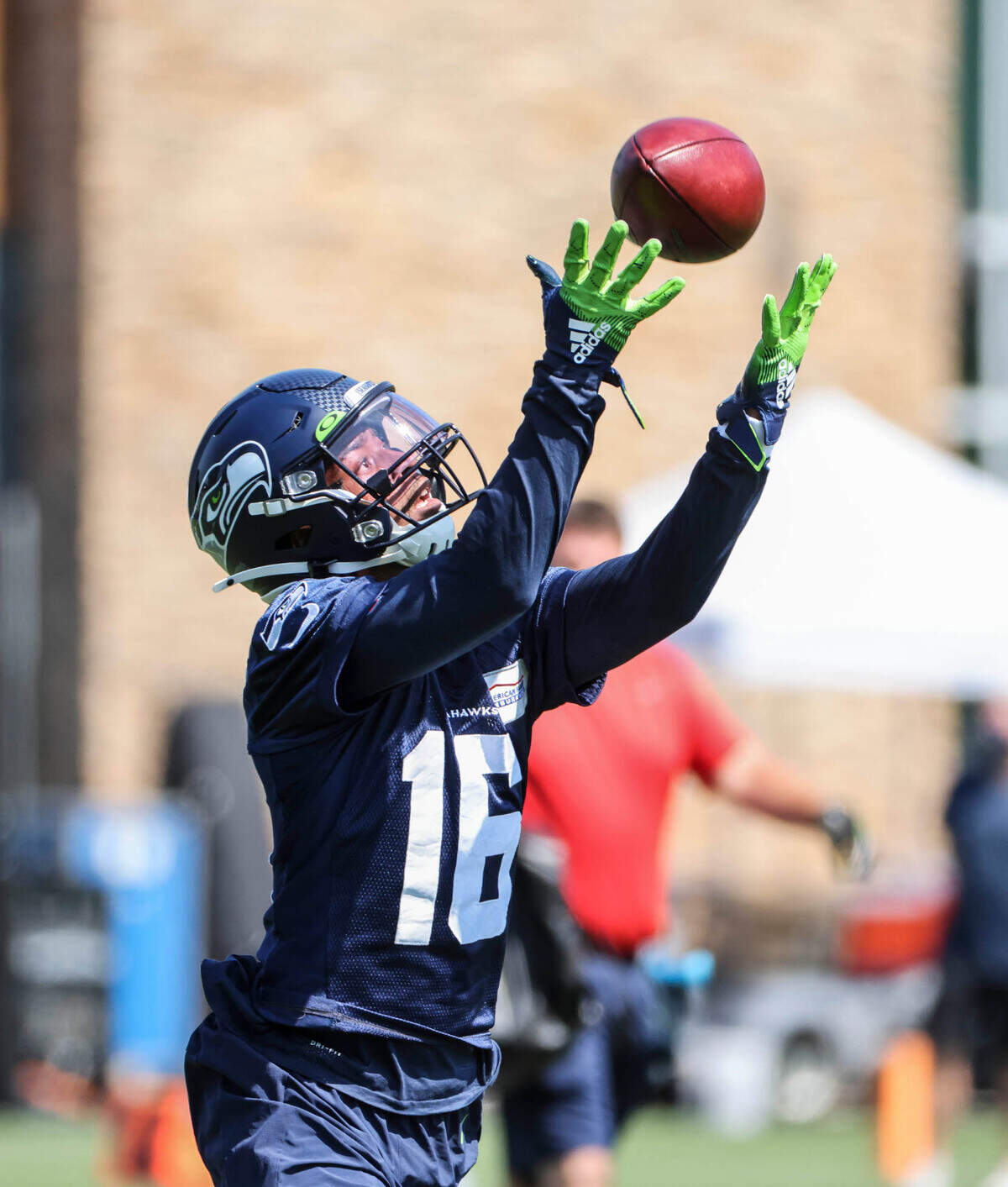 Wide receiver Tyler Lockett pulls down a pass Thursday. The Seattle Seahawks practiced Thursday, August 13, 2020 at the VMAC in Renton, WA.