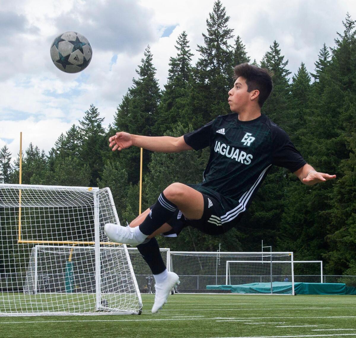 Emerald Ridge’s Christian Pineda prepares to hit a side volley. He was named The News Tribune’s 2021 boys soccer All-Area player of the year after leading the Jaguars to their first-ever league title in the 4A SPSL. Photo taken in Puyallup on Tuesday, June 8, 2021