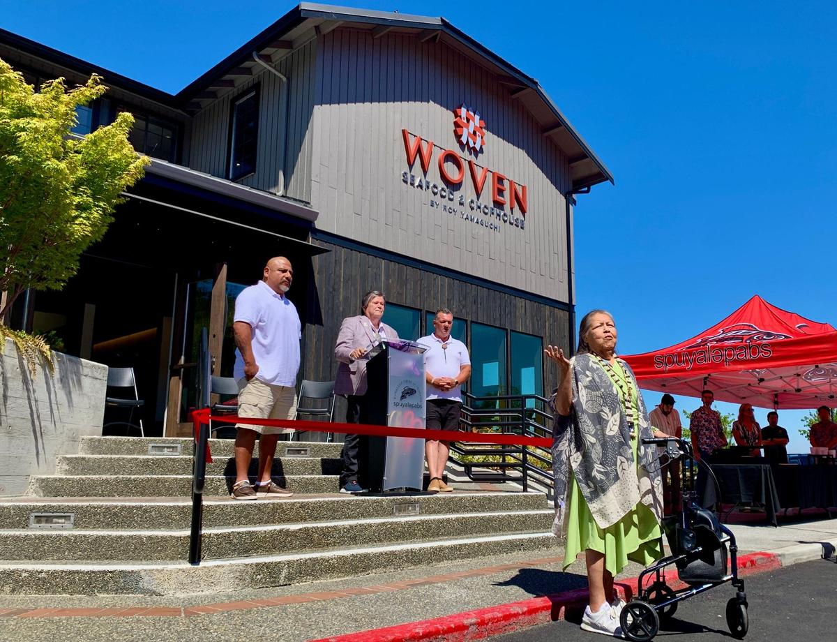 Connie McCloud leads the Blessings Ceremony on Tuesday afternoon. At the podium, Chairman Bill Sterud led remarks, joined here by Council Members Fred Dillon (left) and James Rideout.