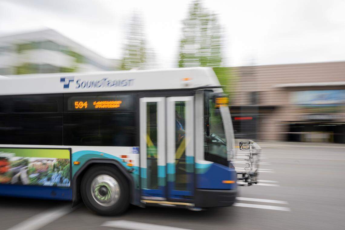 Sound Transit bus 594 leaves the bus stop at 14th and Pacific Ave., on Tuesday, May 13, 2025, in Tacoma, Wash.
