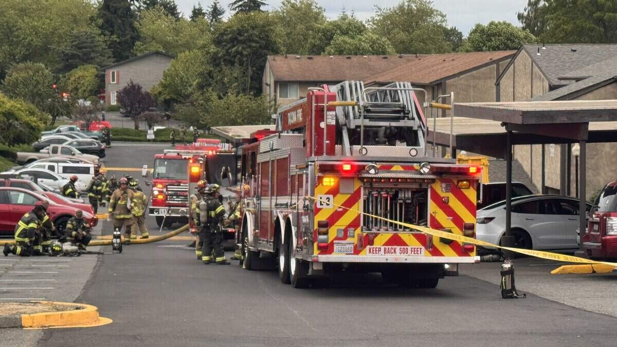 Crews investigate an explosion that occurred at an apartment complex in the 6400 block of S 12th St. in Tacoma on June 28, 2026.