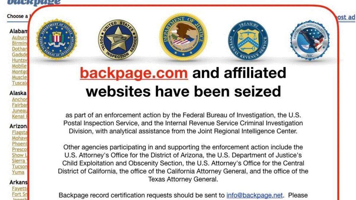 This screen shot of Backpage.com website shows the it has been seized by the FBI while the company is under investigation for knowingly publishing prostitution ads.