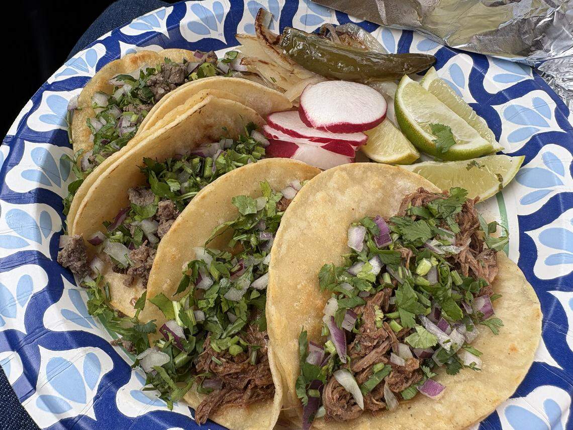 Two carne asada tacos, left, and two birria tacos, right, from Xantolo Taqueria in Tacoma.
