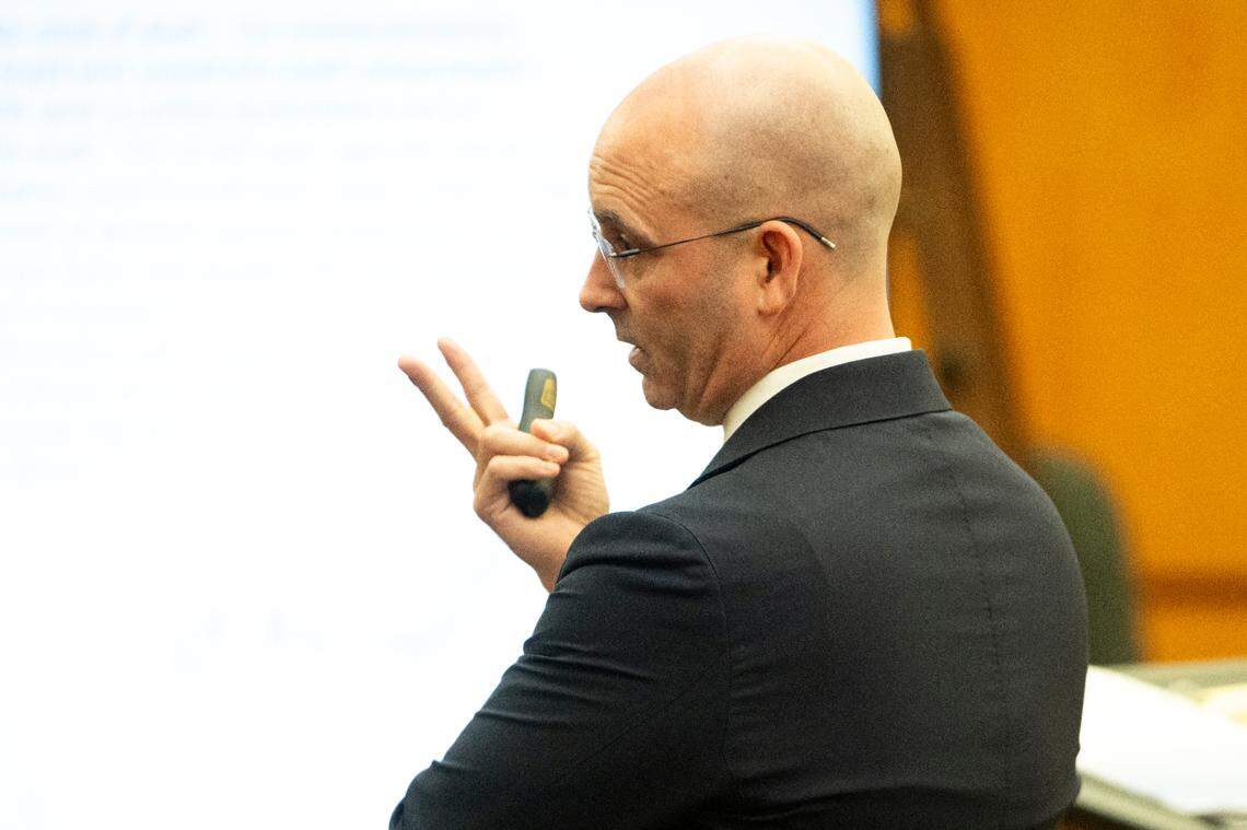 Defense attorney Jared Ausserer gives closing arguments during the trial of three Tacoma police officers charged in the death of Manuel Ellis.