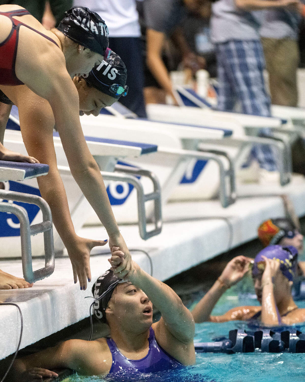 Curtis’ Alexa Proctor is congratulated by her relay teammates after the team won the 200-yard Medley Relay at the State 4A Swimming and Diving finals on Saturday, Nov. 12, 2022, at the King County Aquatic Center in Federal Way, Wash. Proctor swam the freestyle, while teammates Athea Caritativo (backstroke), May Guidoux (breast stroke) and Trinity Link (butterfly) also helped propel the Vikings to the win.