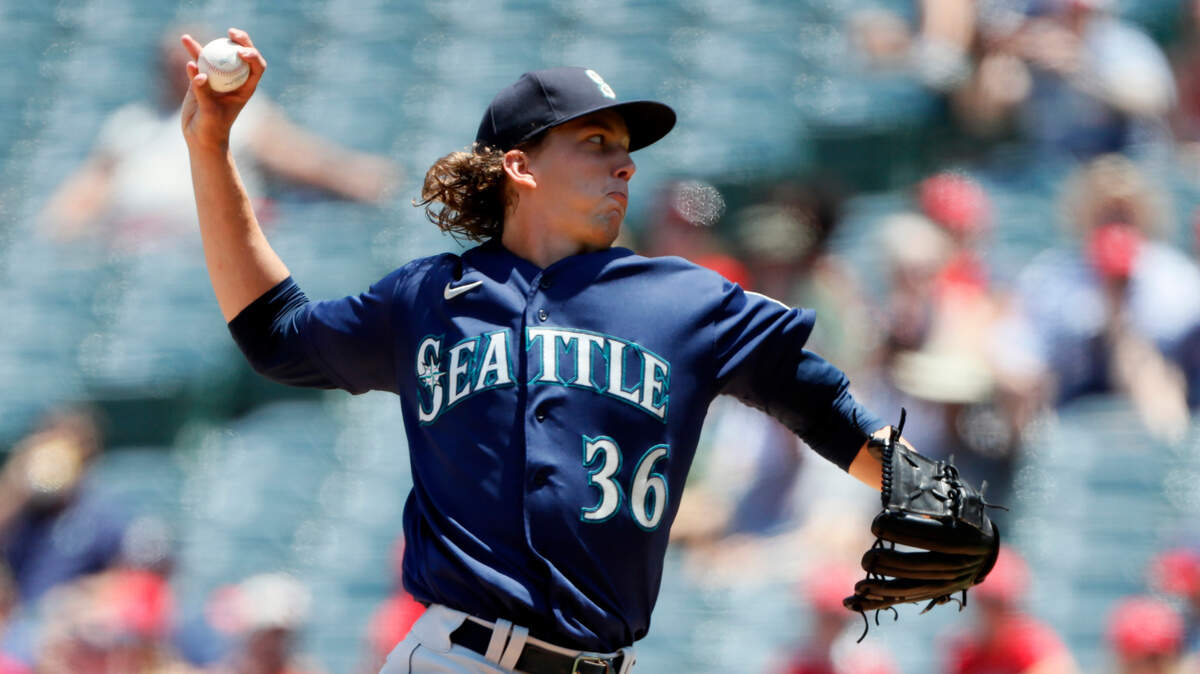 Seattle Mariners starting pitcher Logan Gilbert throws to a Los Angeles Angels batter during the first inning of a baseball game in Anaheim, Calif., Sunday, July 18, 2021. (AP Photo/Alex Gallardo)