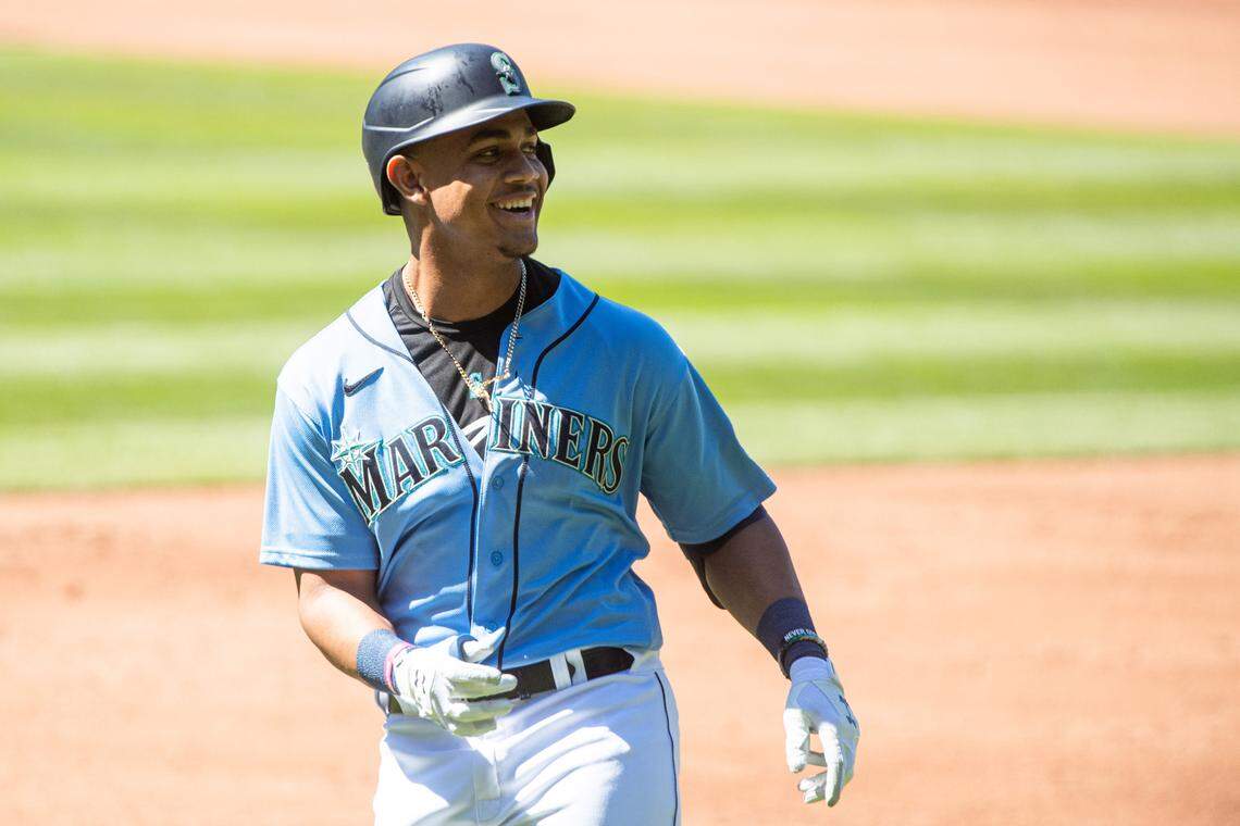 Mariners outfielder Julio Rodriguez reacts after an at-bat during an intrasquad practice game at T-Mobile Park in Seattle, Wash., on Monday, July 13, 2020.