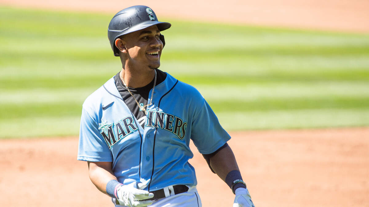 Mariners outfielder Julio Rodriguez reacts after an at-bat during an intrasquad practice game at T-Mobile Park in Seattle, Wash., on Monday, July 13, 2020.