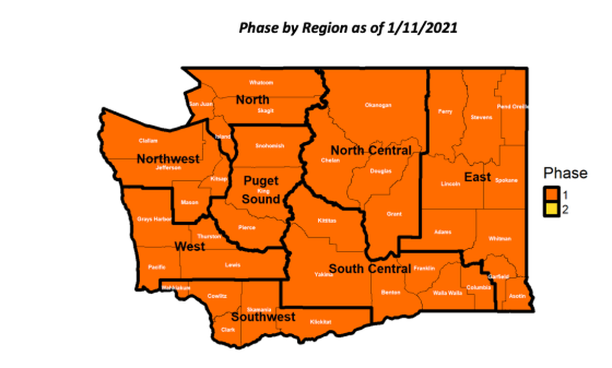 Groupings of counties into eight regions for the state’s COVID “Roadmap to Recovery” that are all in Phase 1 from data released Friday, Jan. 8.