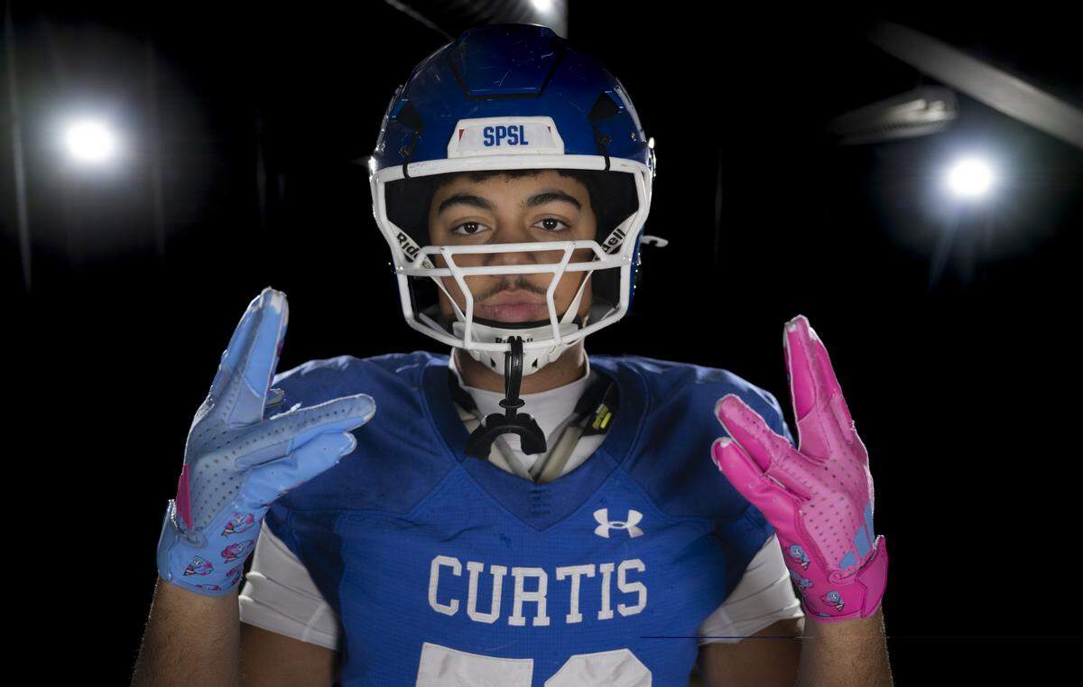 Curtis senior offensive lineman Kingston Kerkhoff poses for a portrait after being selected as first-team offense for The News Tribune’s 2025 All-Area football team at Mount Tahoma High School, on Sunday, Dec. 7, 2025, in Tacoma, Wash.