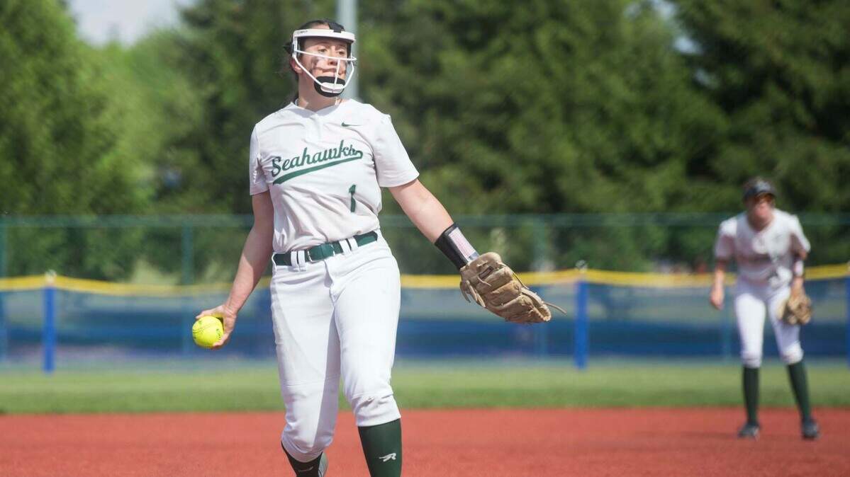 Peninsula starter Alli Kimball (1) throws a pitch in the seventh inning against Bonney Lake in the Class 3A West Central/Southwest district softball championship game on Saturday, May 20, 2023 at the Regional Athletic Complex in Lacey, Wash.