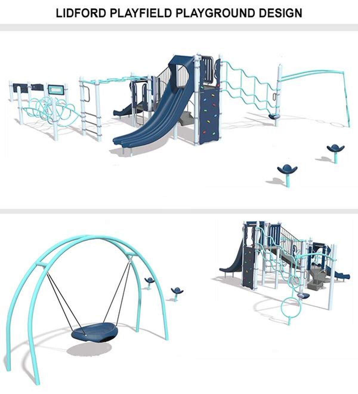 The play equipment at Lidford Playfield rests on top of fall surfacing, and there is an ADA-accessible ramp connected to a walking path at the park.