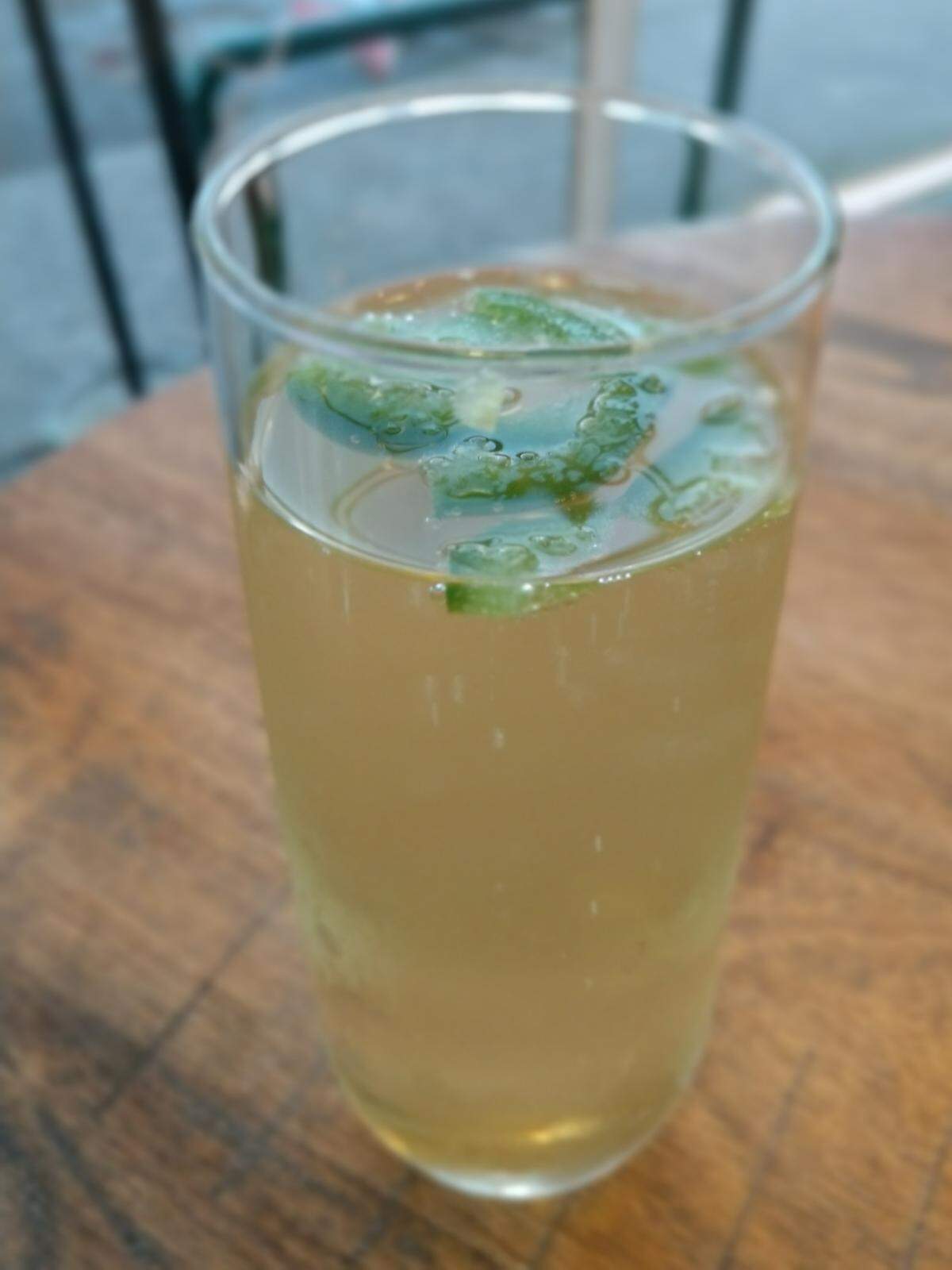 The Salvador sparkling wine cocktail is flavored with muddled jalapenos and cucumber syrup.