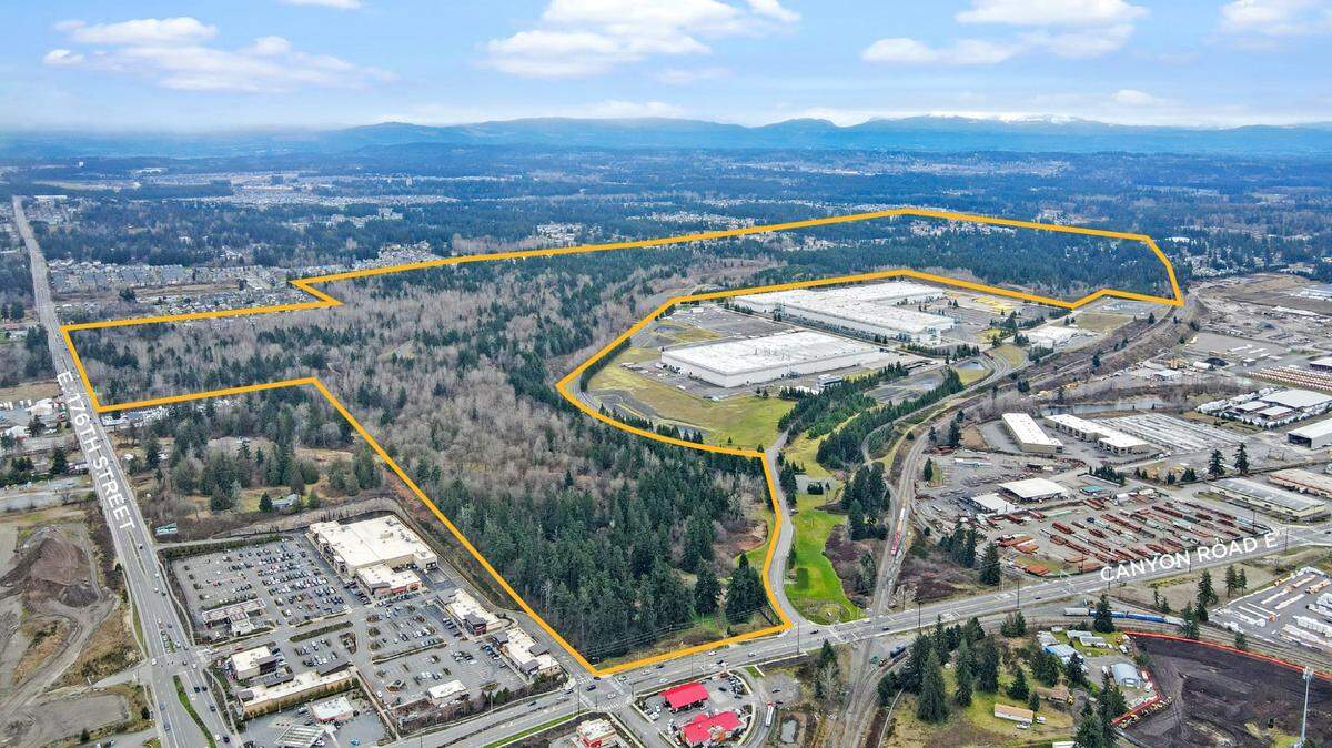 Aerial outlining the future FRED310 near the intersection of Canyon Road East and East 176th Street in Frederickson. The project is being developed by Crow Holdings Capital and commercial real estate firm Panattoni Development Co.
