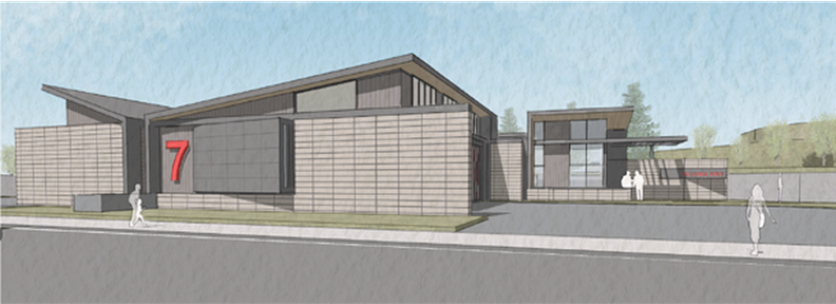 A conceptual design of a proposed fire station on the northwest side of the South End Recreation and Adventure campus near South 58th Street and South Tyler Street in Tacoma.