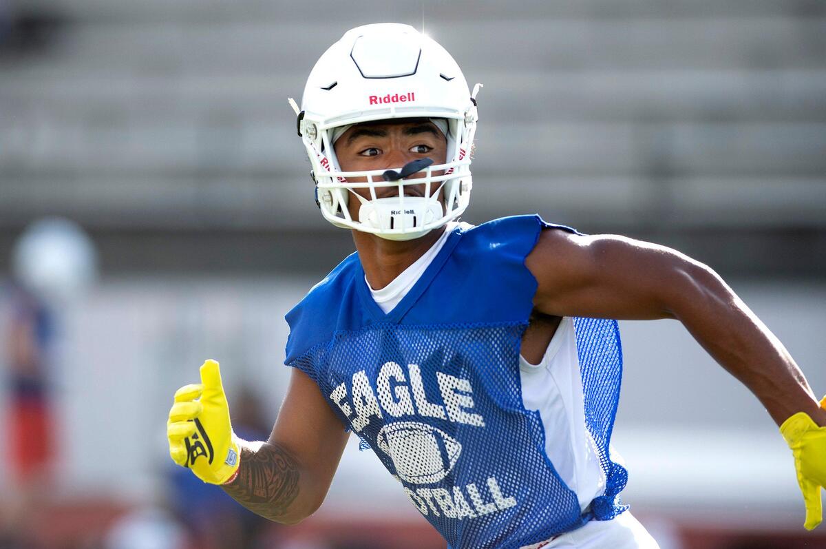 Graham Kapowsin receiver Malaki Roberson sprints down field during drills at football practice at Art Crate Field in Spanaway on Thursday, Aug. 22, 2019.