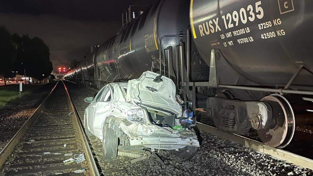 An unoccupied car was struck by a Burlington Northern Santa Fe Railway freight train Friday, May 24, 2024, near downtown Puyallup, according to police.