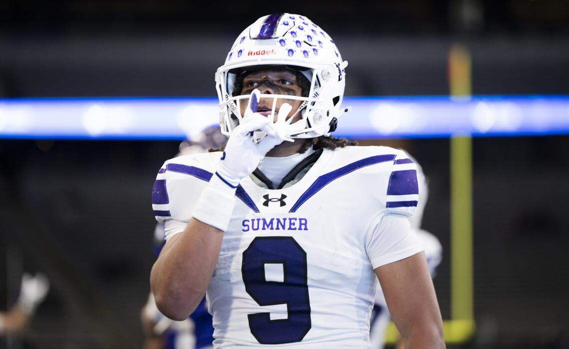 Sumner running back Lance McGee (9) reacts to a touchdown against Lake Stevens during the second quarter of the 4A State Championship game at Husky Stadium, on Saturday, Dec. 6, 2025, in Seattle.