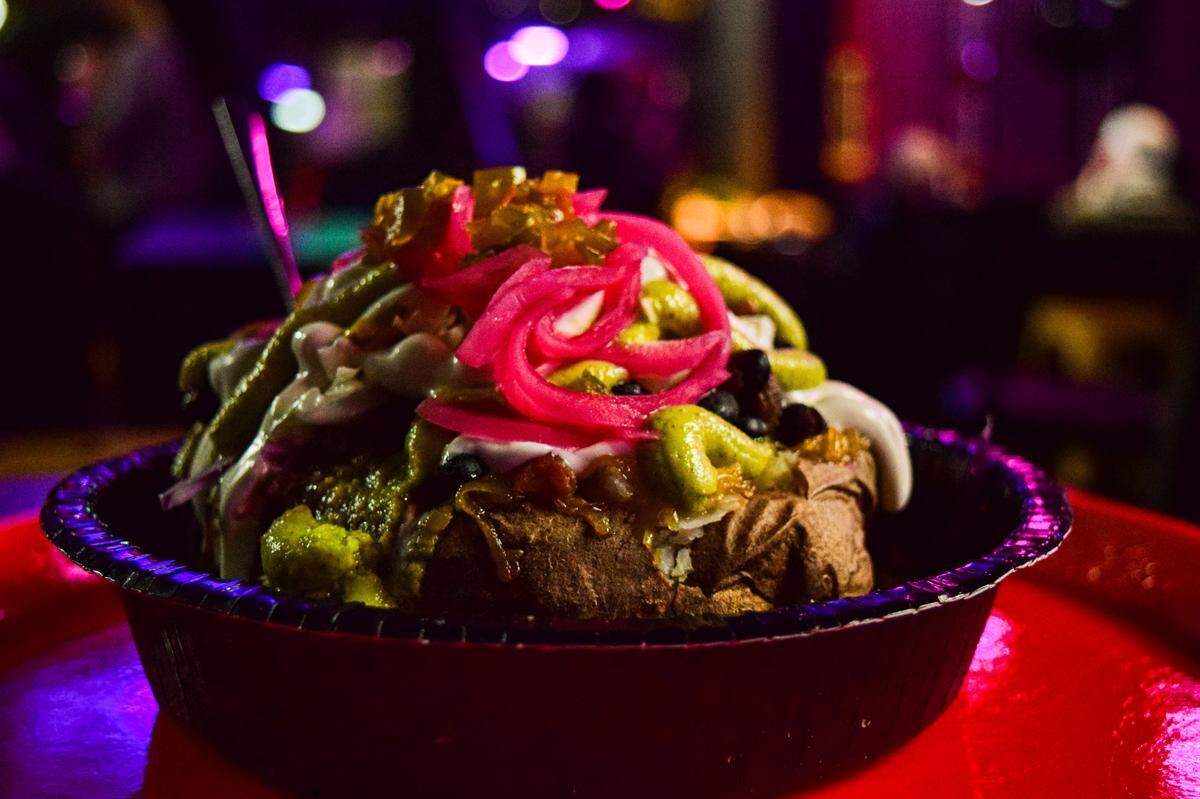 The Huckleberry Club specializes in loaded baked potatoes.
