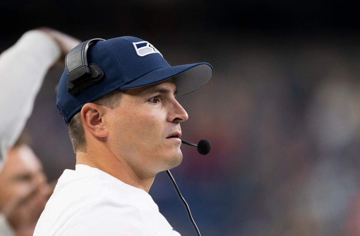 Seahawks head coach Mike Macdonald during the first quarter of an NFL preseason game against the Cleveland Browns at Lumen Field in Seattle Saturday, Aug. 24, 2024.