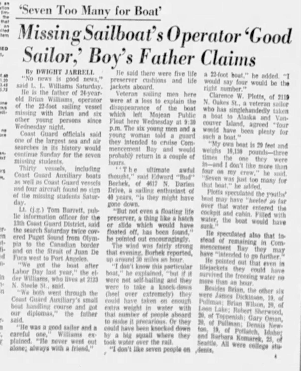 Seven college students who went sailing 55 years ago on the Puget Sound disappeared.