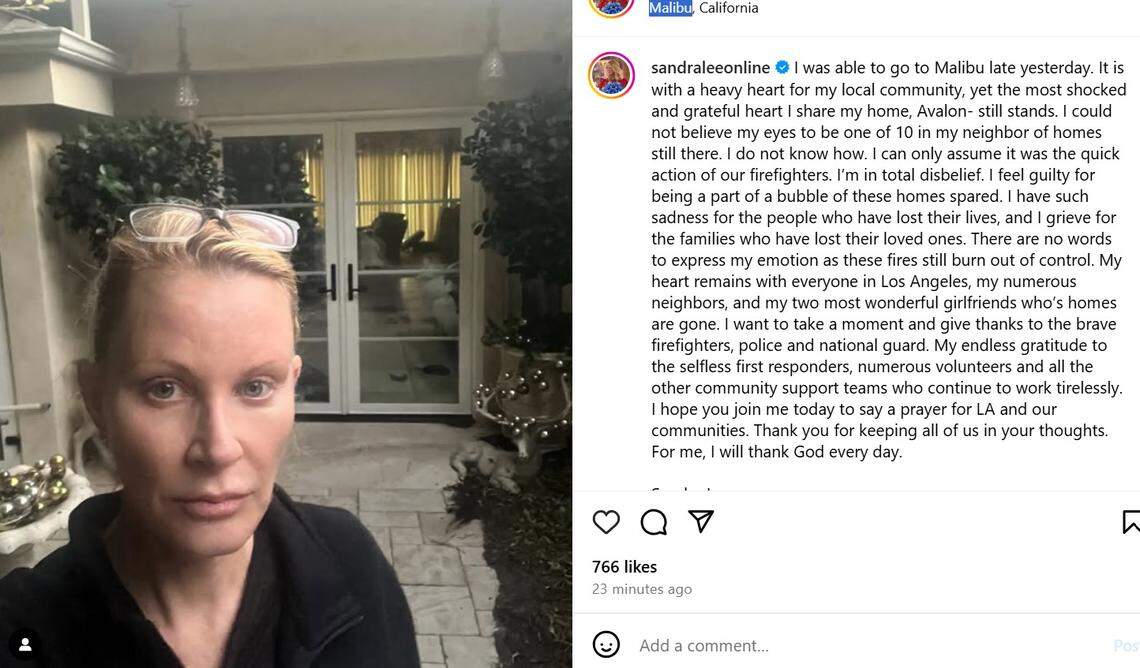 Sumner native and Food Network star Sandra Lee said her Malibu home barely survived the devastating wildfires that have hit the LA area.