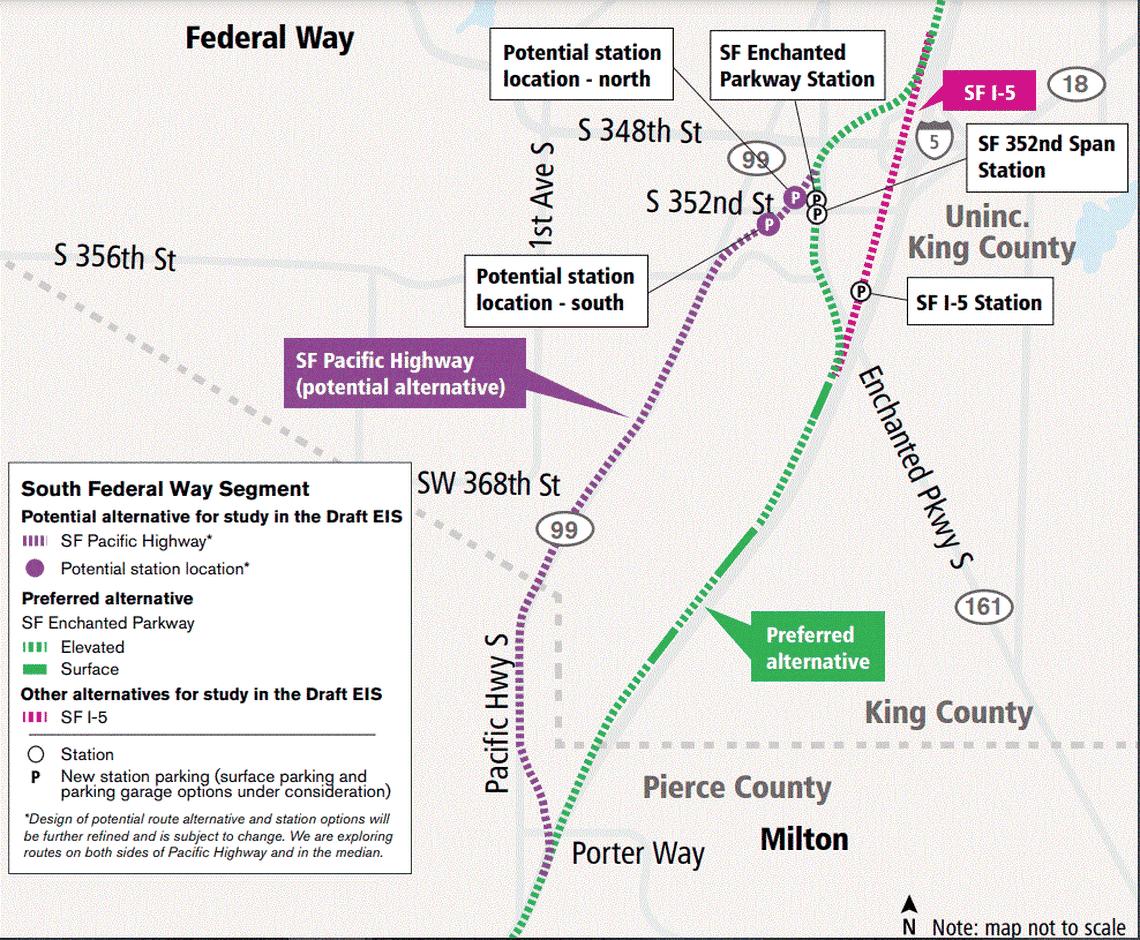This map shows the alternative route of the Tacoma Link light rail extension project route through Federal Way and Milton areas.