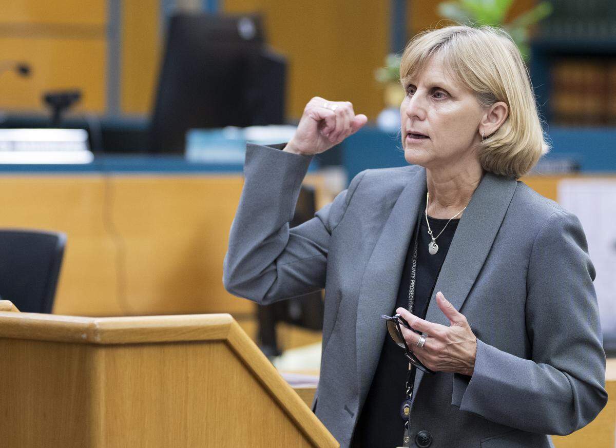 Pierce County deputy prosecutor Lisa Wagner gives closing arguments in the trial of Nicholas Fitzgerald Matthew, 29, for first-degree attempted murder in the February 2024 stabbing of a woman at Point Defiance. Photographed in Pierce County Superior Court on Tuesday, Aug. 12, 2025, in Tacoma.