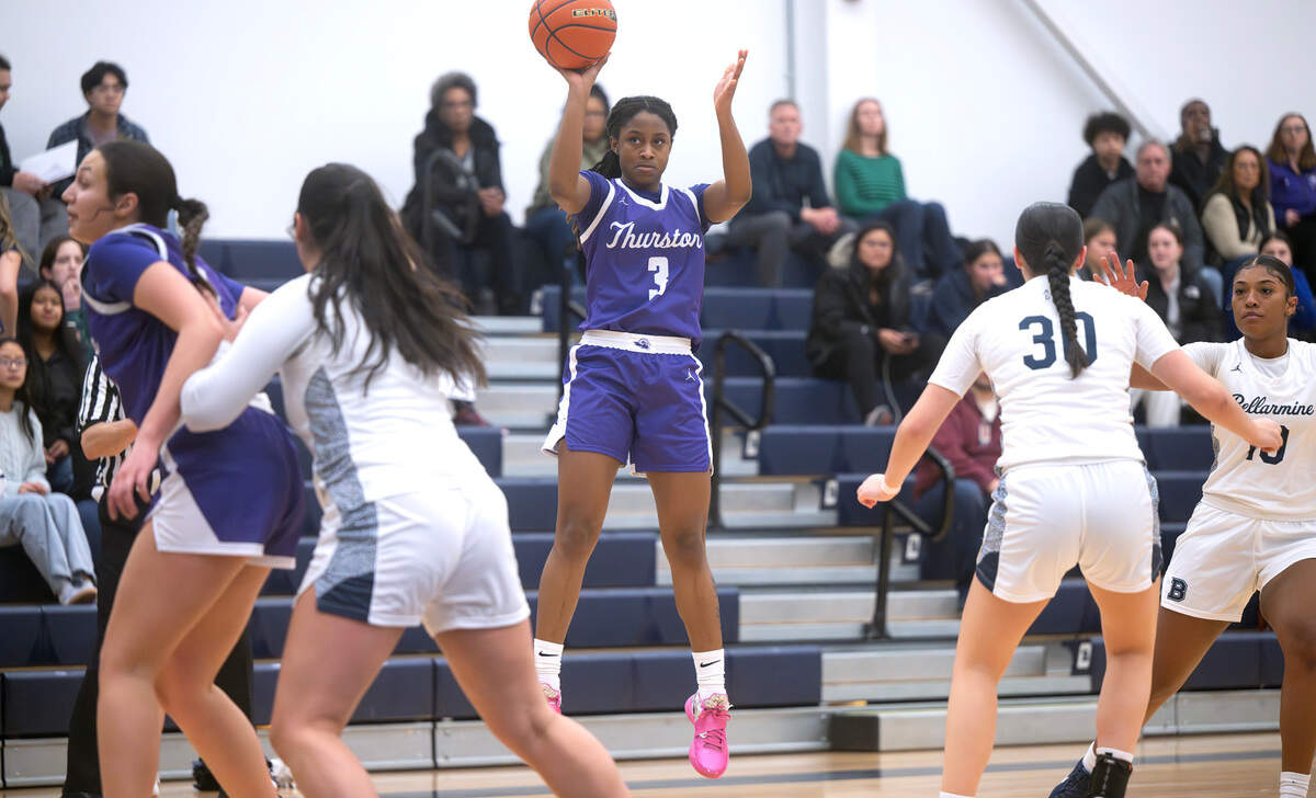North Thurston’s Soraya Ogaldez puts uyp a jumper during Friday night’s girls basketball game against the Bellarmine Lions at Bellarmine Preparatory School in Tacoma, Washington, on Jan. 17, 2025.