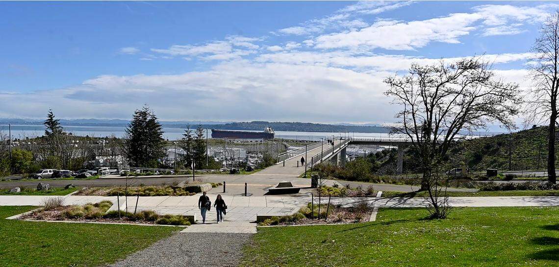 Parks Tacoma capital improvement program manager Terry Jungman and Marty Stump, director of business, administration and planning outlined the upcoming 1.6-mile paved pathway project in Point Defiance Park during a March 27, 2025 tour. The second phase for the Loop Trail will connect from Wilson Way Bridge, shown here, to numerous main public areas in the park while improving pedestrian safety.