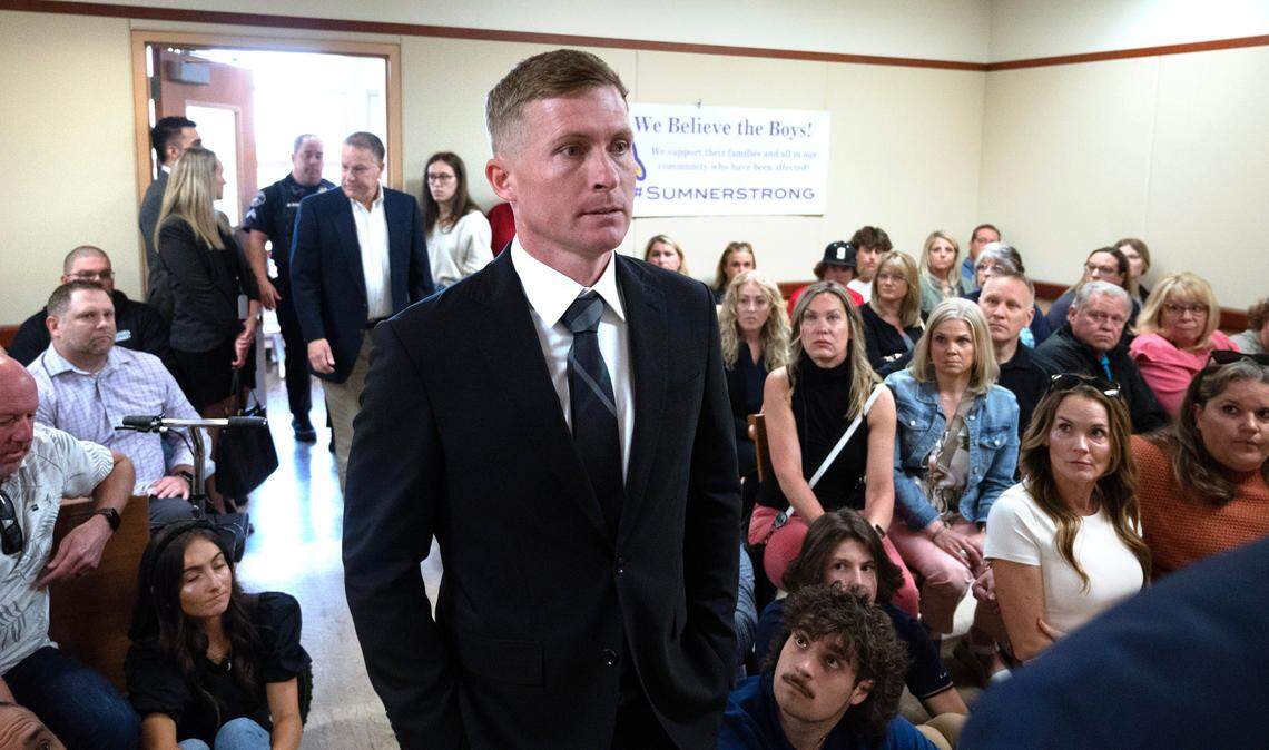 Former Sumner High School varsity basketball coach Jacob “Jake” Jackson arrives in Pierce County Superior Court to be arraigned on charges of third-degree child rape, indecent exposure, first-degree sexual misconduct with a minor, two counts of third-degree child molestation and five counts of communication with a minor for immoral purposes. Commissioner Craig Adams ordered Jackson be taken directly into custody following the arraignment, drawing applause from the gallery.