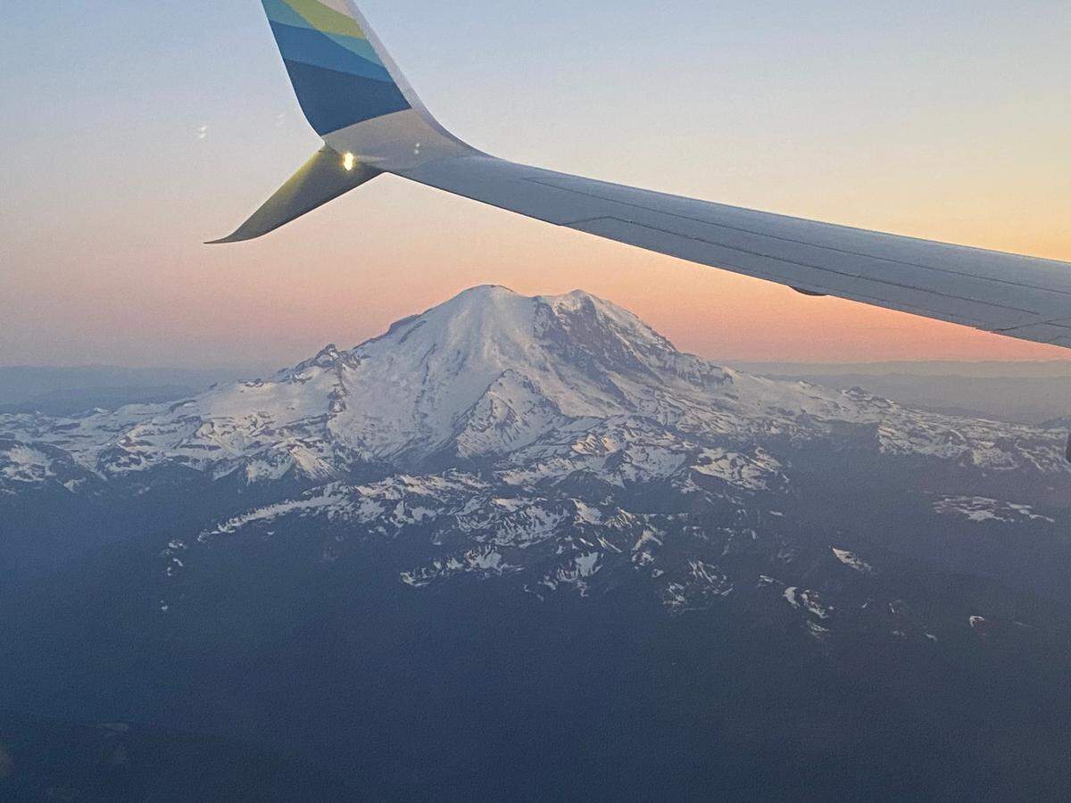 Mount Rainier photographed from a passenger jet headed to Seattle-Tacoma International Airport.