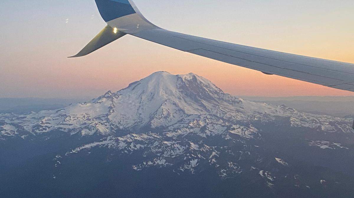 Mount Rainier photographed from a passenger jet headed to Seattle-Tacoma International Airport Monday, June 5.
