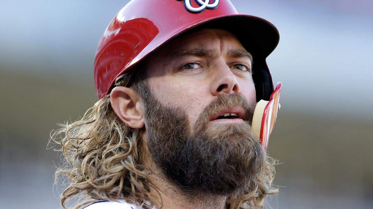 Washington Nationals' Jayson Werth waits to bat during a baseball game against the Pittsburgh Pirates, Sunday, Oct. 1, 2017, in Washington. (AP Photo/Mark Tenally)