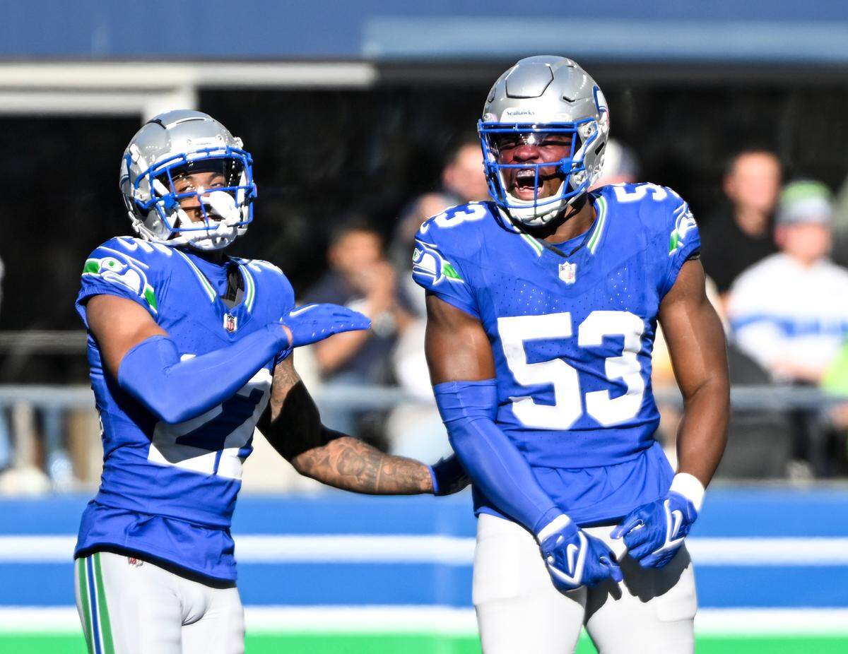 Seattle Seahawks linebacker Boye Mafe (53) reacts to a sack on Cleveland Browns quarterback PJ Walker (10) on fourth down during the second quarter of the game at Lumen Field, Sunday, Oct. 29, 2023, in Seattle, Wash.