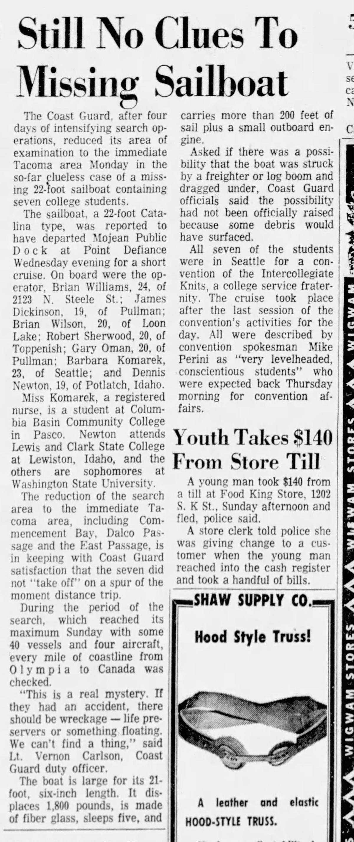 Seven college students who went sailing 55 years ago on the Puget Sound disappeared.