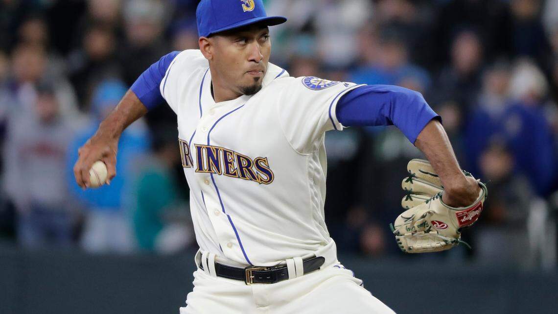 Seattle Mariners closing pitcher Edwin Diaz on the mound during a baseball game against the Cleveland Indians, Sunday, April 1, 2018, in Seattle. (AP Photo/Ted S. Warren)