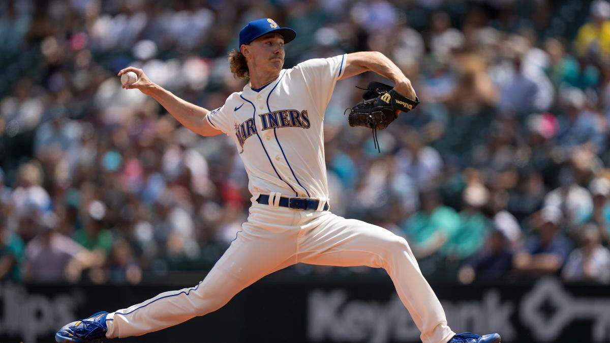 Seattle Mariners starter Bryce Miller delivers a pitch during the first inning of a baseball game against the Detroit Tigers, Sunday, July 16, 2023, in Seattle.