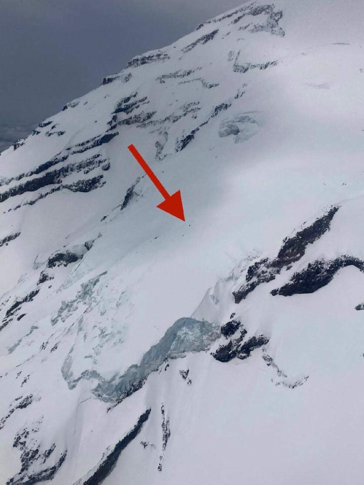 A National Park Service image released Monday points out where two climbers were stranded last week on Mount Rainier’s Kautz Glacier.